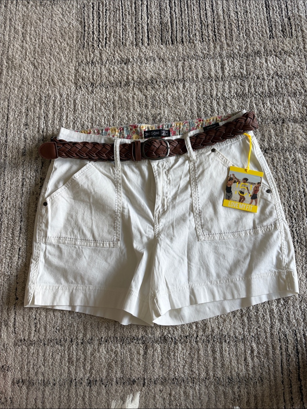 one 5 one White Bermuda Shorts with Braided Brown Belt